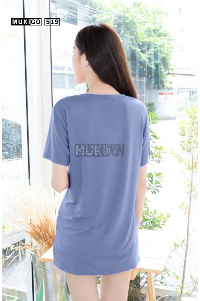 Oversized Side Slit V Tee with Pocket - Gray shaded Blue