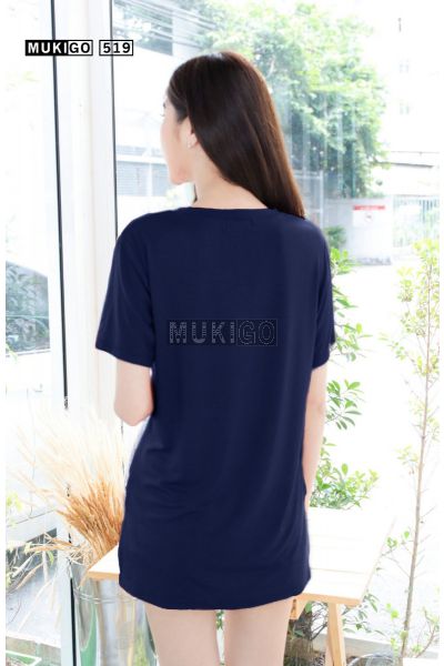 Oversized Side Slit V Tee with Pocket - Navy Blue
