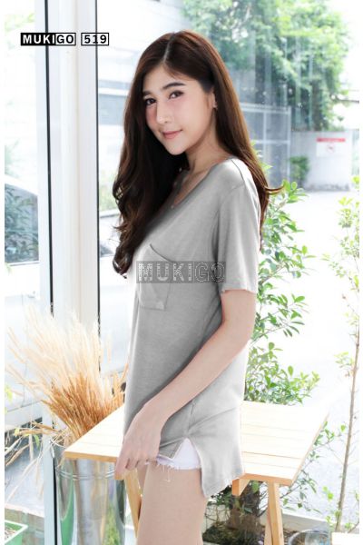 Oversized Side Slit V Tee with Pocket - LightDenimGray