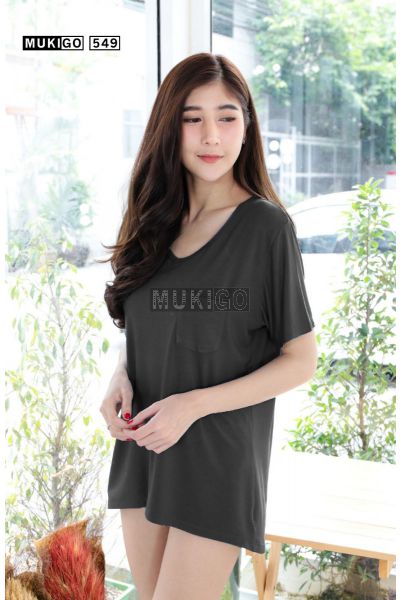 Oversized V Tee with Pocket (Round bottom shaped)-BlackGray-005