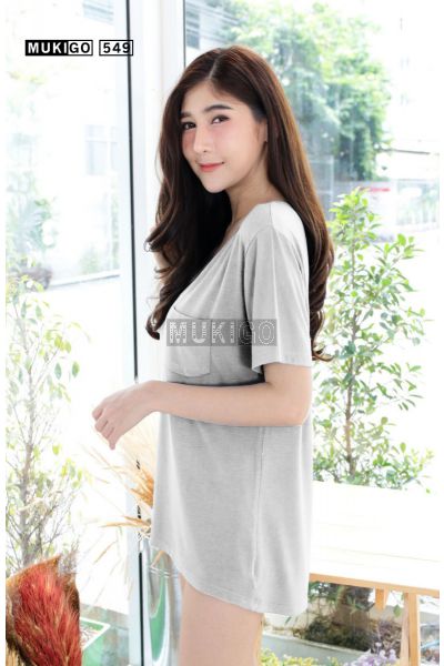 Oversized V Tee with Pocket (Round bottom shaped)-LightDenimGray-002