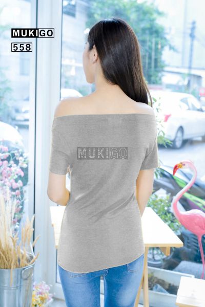 Classy BoatNeck Off Shoulder Tee - Light Denim Gray
