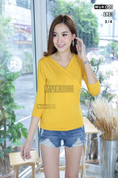 V Cross Front Draped Blouse - No.528-3/4