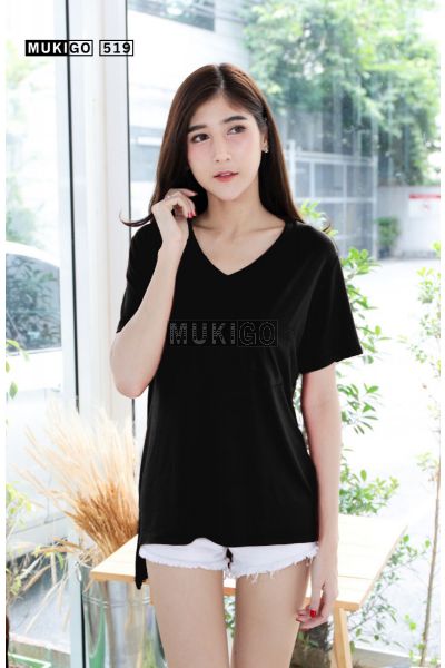 Oversized Side Slit V Tee with Pocket - Black