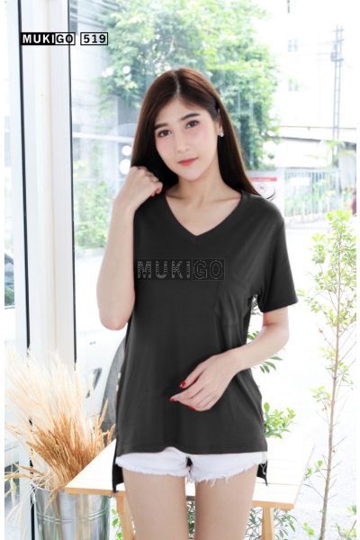 Oversized Side Slit V Tee with Pocket - Black Gray