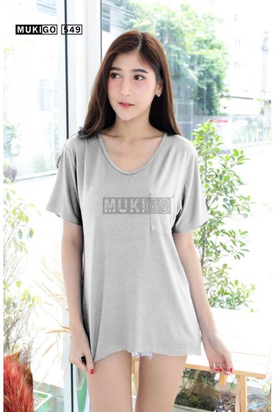 Oversized V Tee with Pocket (Round bottom shaped)-LightDenimGray-002