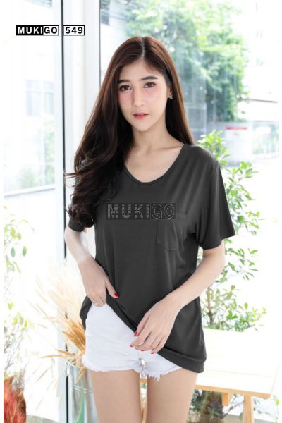 Oversized V Tee with Pocket (Round bottom shaped)-BlackGray-005