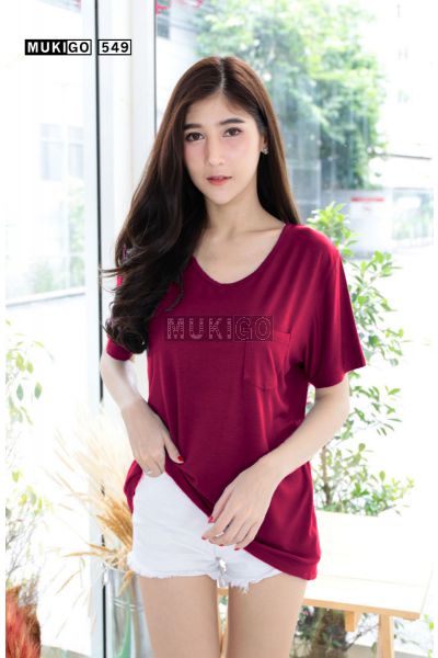 Oversized V Tee with Pocket (Round bottom shaped)-RedBurgundy-020