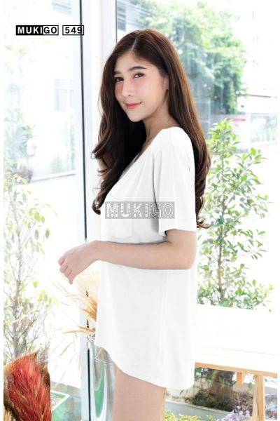 Oversized V Tee with Pocket (Round bottom shaped)-White-001
